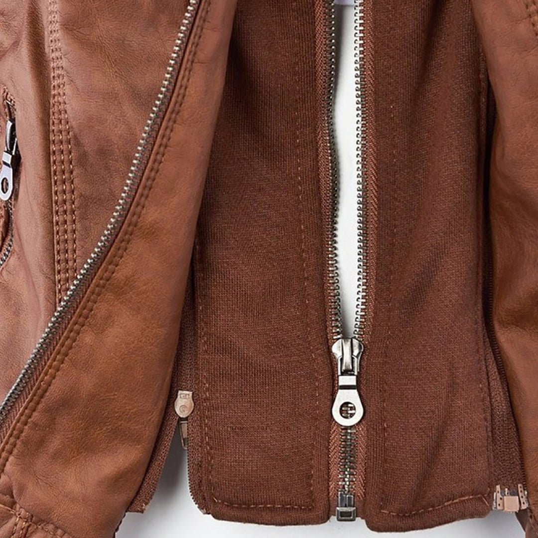 Effortless Faux Leather Moto Jacket for Women with Detachable Hood Long Sleeve Zip Front Casual Style