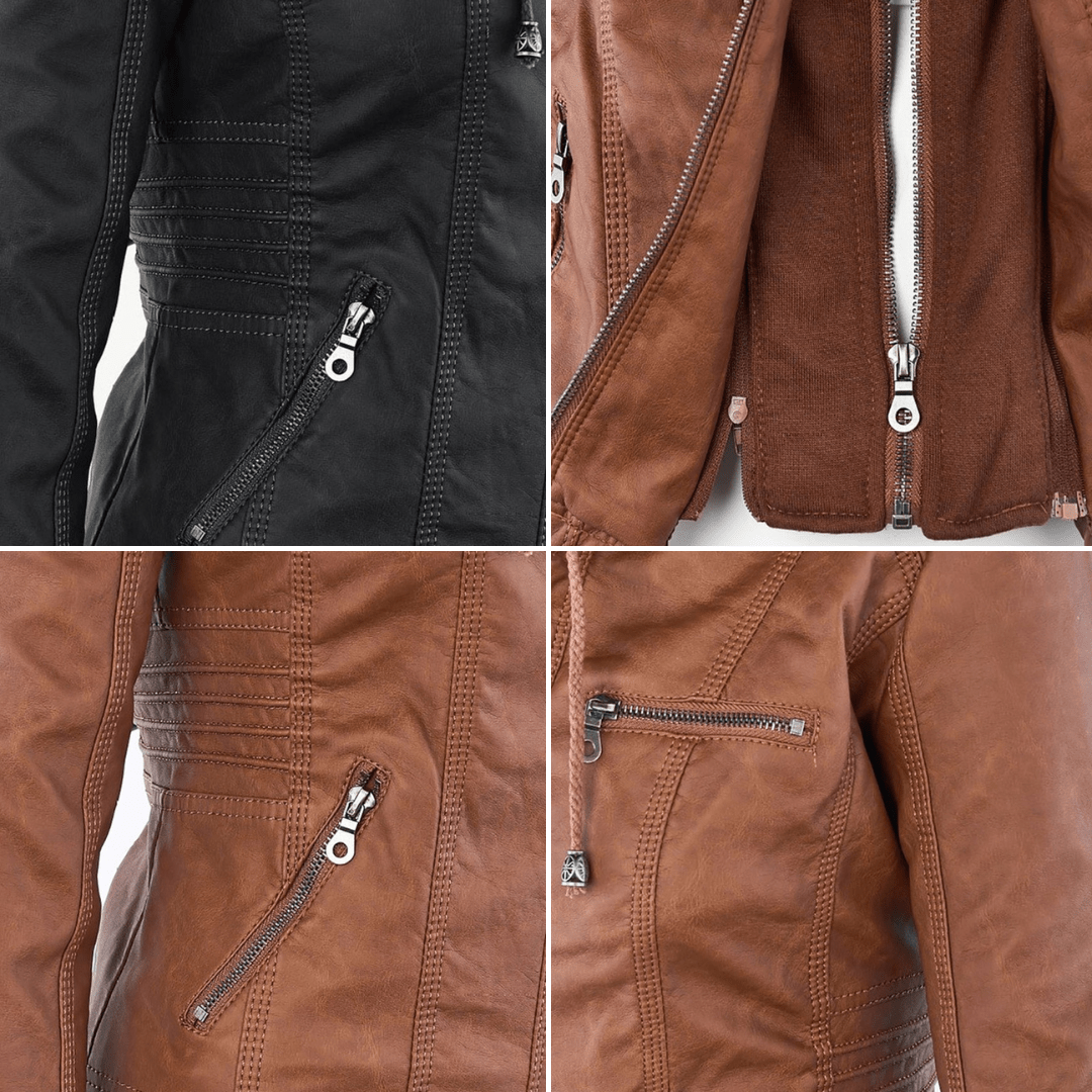 Effortless Faux Leather Moto Jacket for Women with Detachable Hood Long Sleeve Zip Front Casual Style
