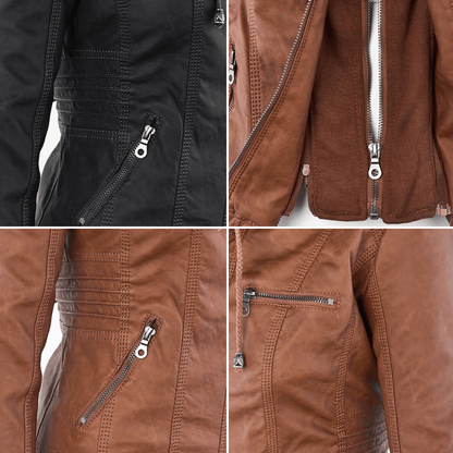 Effortless Faux Leather Moto Jacket for Women with Detachable Hood Long Sleeve Zip Front Casual Style