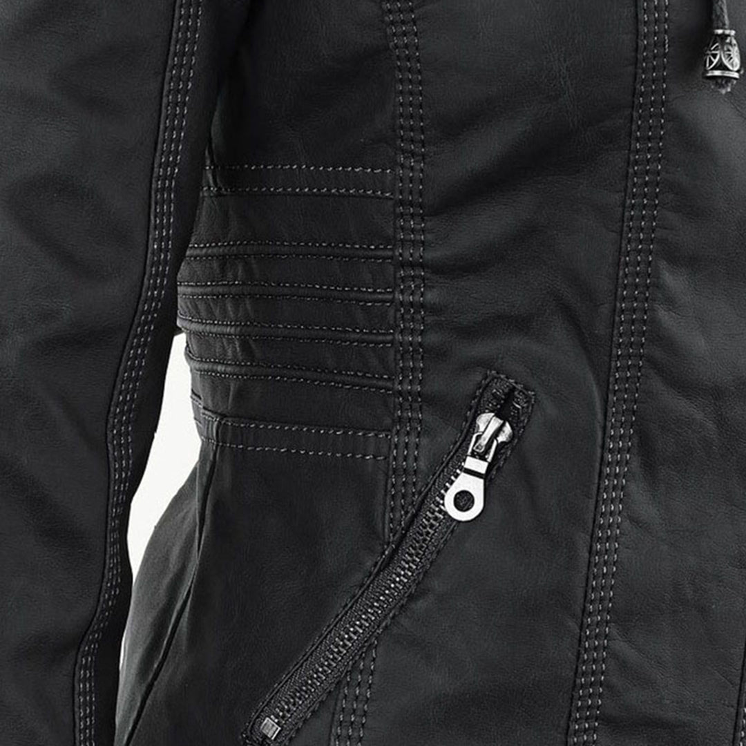 Effortless Faux Leather Moto Jacket for Women with Detachable Hood Long Sleeve Zip Front Casual Style