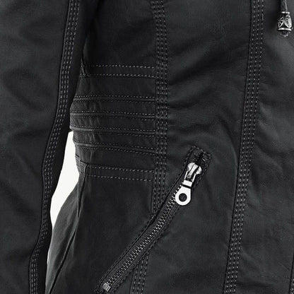 Effortless Faux Leather Moto Jacket for Women with Detachable Hood Long Sleeve Zip Front Casual Style