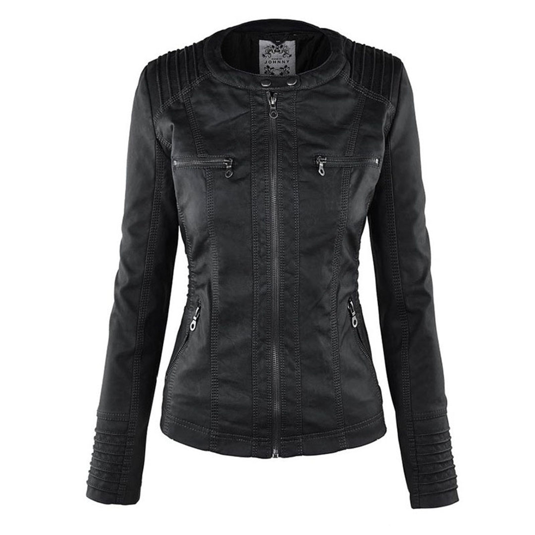 Effortless Faux Leather Moto Jacket for Women with Detachable Hood Long Sleeve Zip Front Casual Style