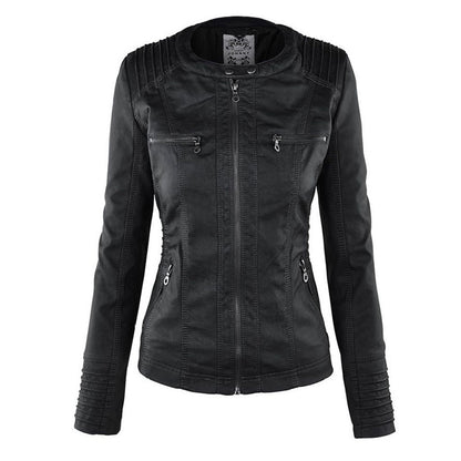 Effortless Faux Leather Moto Jacket for Women with Detachable Hood Long Sleeve Zip Front Casual Style