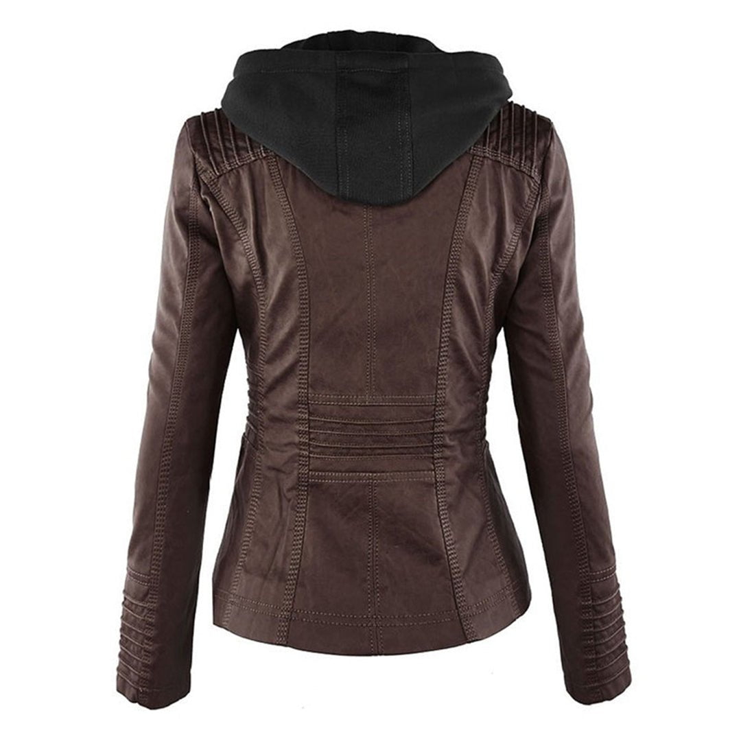 Effortless Faux Leather Moto Jacket for Women with Detachable Hood Long Sleeve Zip Front Casual Style