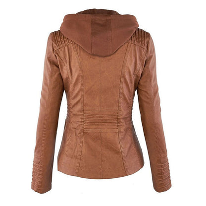 Effortless Faux Leather Moto Jacket for Women with Detachable Hood Long Sleeve Zip Front Casual Style
