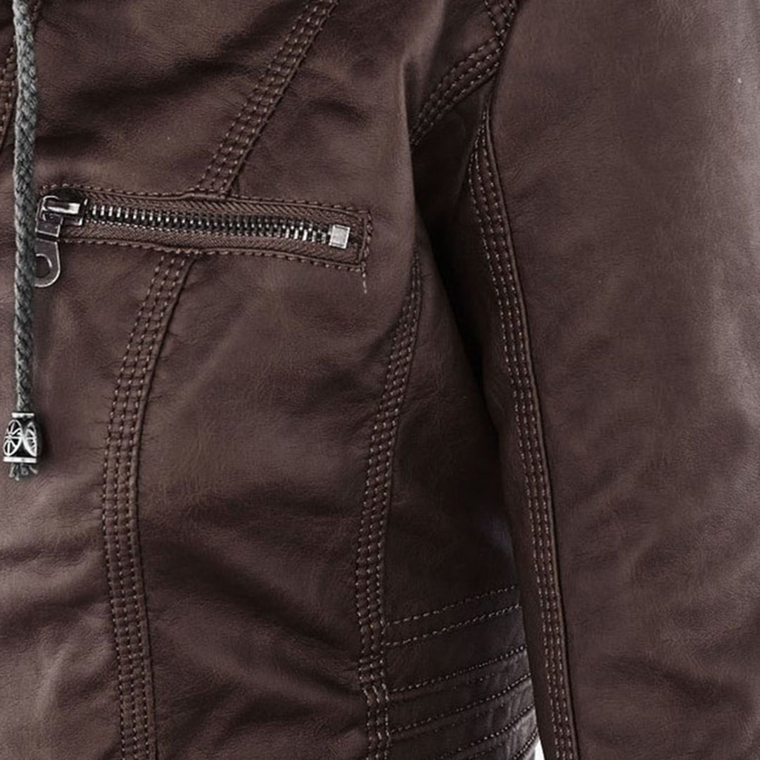 Effortless Faux Leather Moto Jacket for Women with Detachable Hood Long Sleeve Zip Front Casual Style