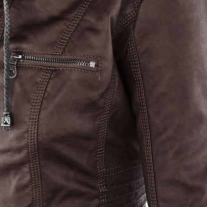 Effortless Faux Leather Moto Jacket for Women with Detachable Hood Long Sleeve Zip Front Casual Style
