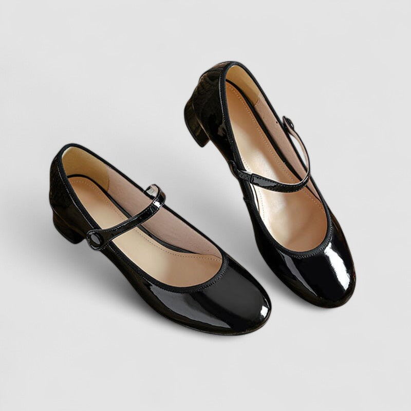 Elegant Patent Leather Mary Jane Pumps for Women with Round Toe Ankle Strap Block Heel Style
