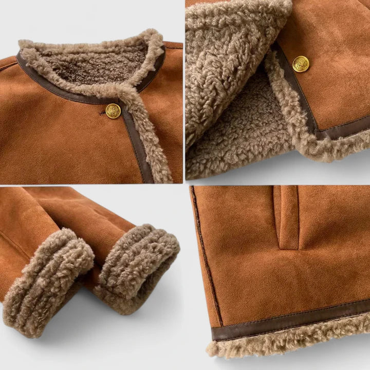 Elegant Brown Shearling Trim Jacket for Women with Round Neck Long Sleeve Button Front Relaxed Style