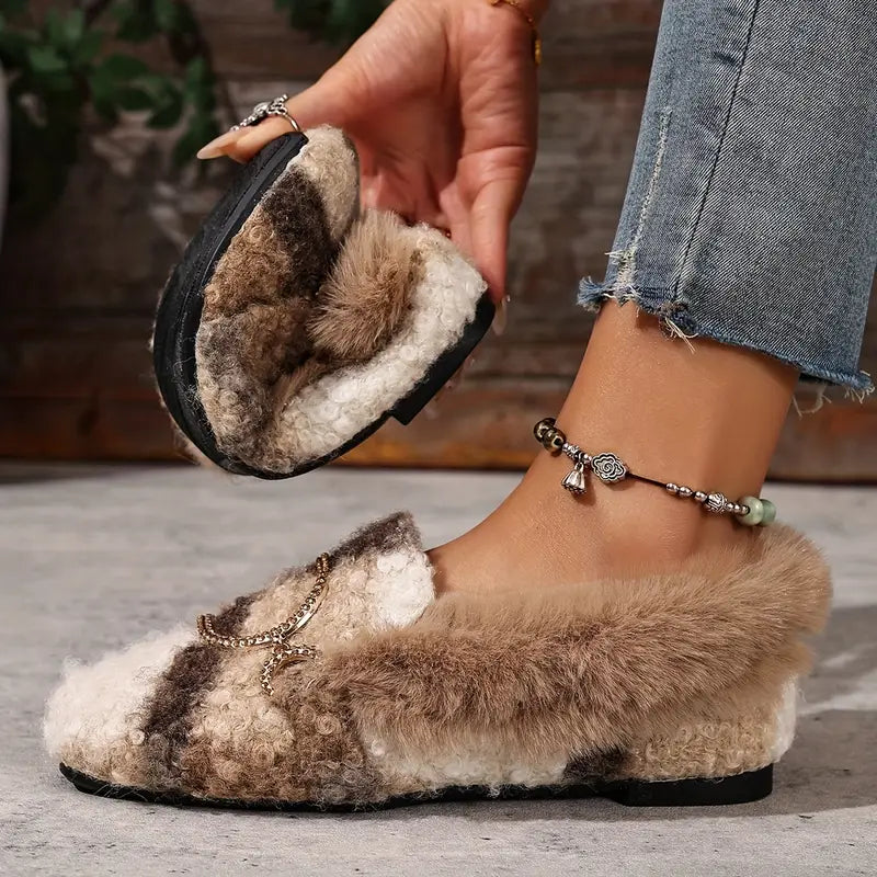 Comfortable Beige Slippers for Women with Faux Fur Upper Bow Detail Slip On House Shoe Style