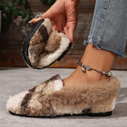 Comfortable Beige Slippers for Women with Faux Fur Bow Detail Cushioned Slip On House Shoes