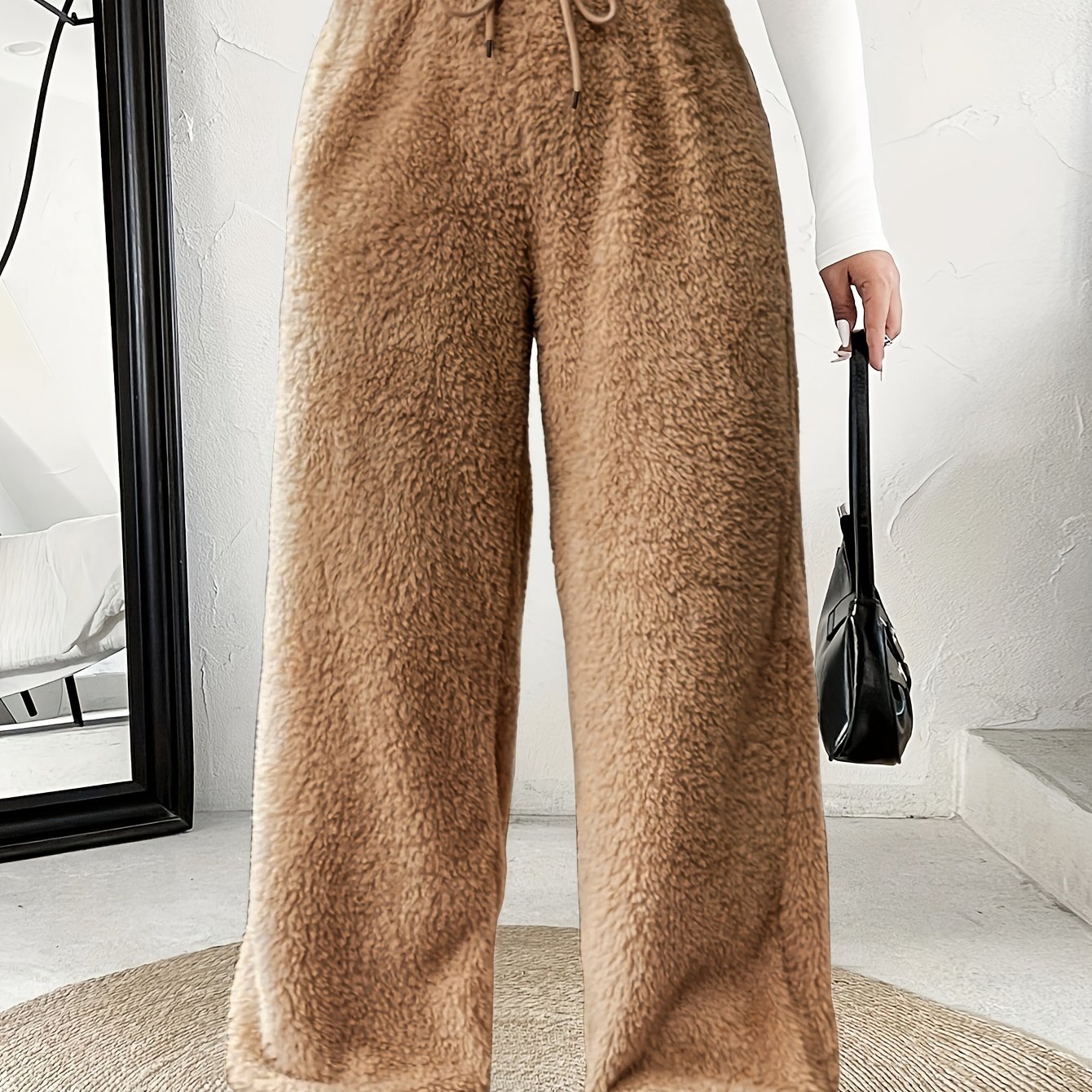 Comfortable Fuzzy Fleece Wide Leg Pants for Women with High Waist Drawstring Relaxed Casual Style