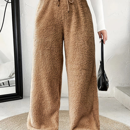Comfortable Fuzzy Fleece Wide Leg Pants for Women with High Waist Drawstring Relaxed Casual Style