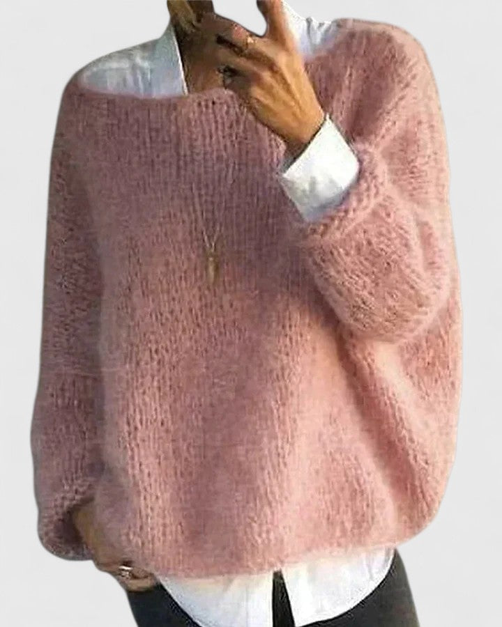 Comfortable Fuzzy Knit Sweater for Women with Wide Neck Long Sleeve Relaxed Oversized Style