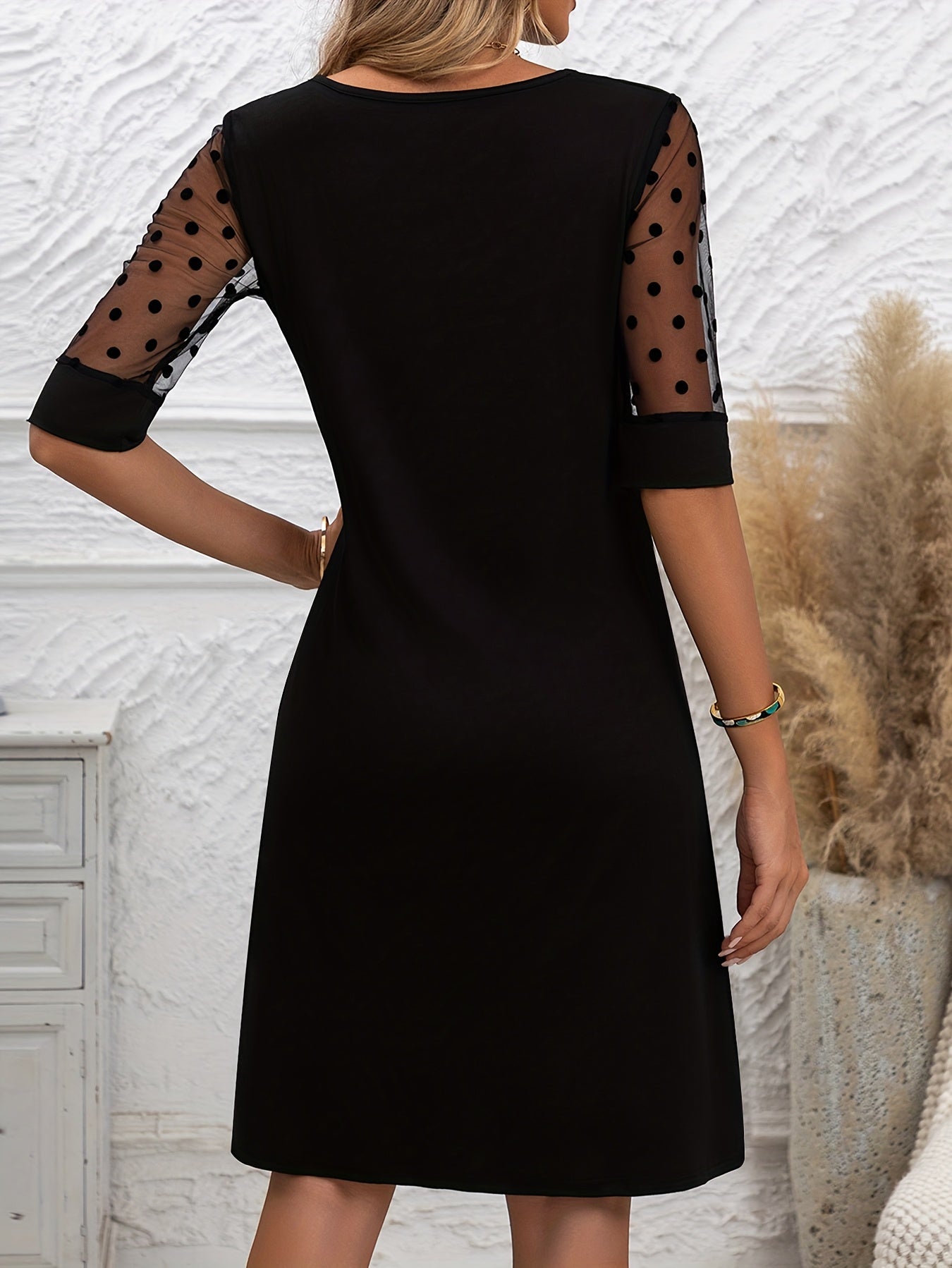 Elegant Black Polka Dot Midi Dress for Women with Round Neck Mesh Sleeve Sheath Cocktail Style