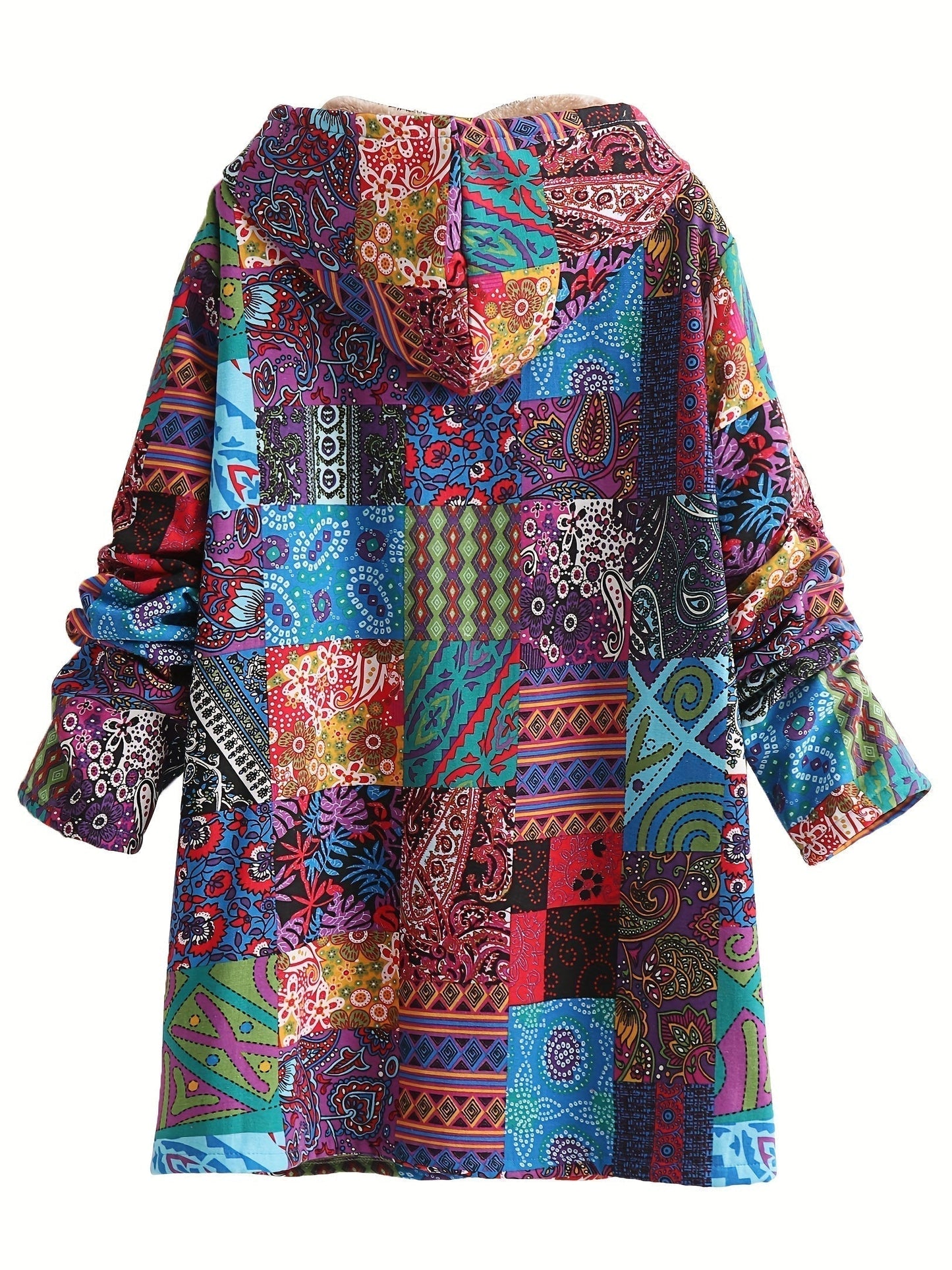 Effortless Patchwork Print Hooded Coat for Women with Fleece Lined Button Front Oversized Bohemian Style