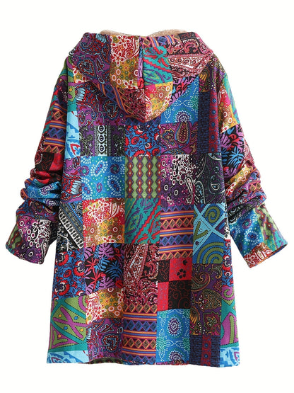 Effortless Patchwork Print Hooded Coat for Women with Fleece Lined Button Front Oversized Bohemian Style