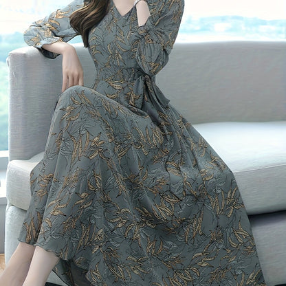 Elegant Sage Green Leaf Print Maxi Dress for Women with V Neck Long Sleeve Tie Waist Flowing Wedding Guest Style