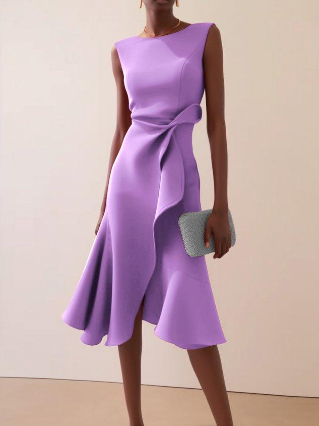 Elegant Draped Sheath Midi Dress for Women with Boat Neck Sleeveless Ruffle Hem Cocktail Style