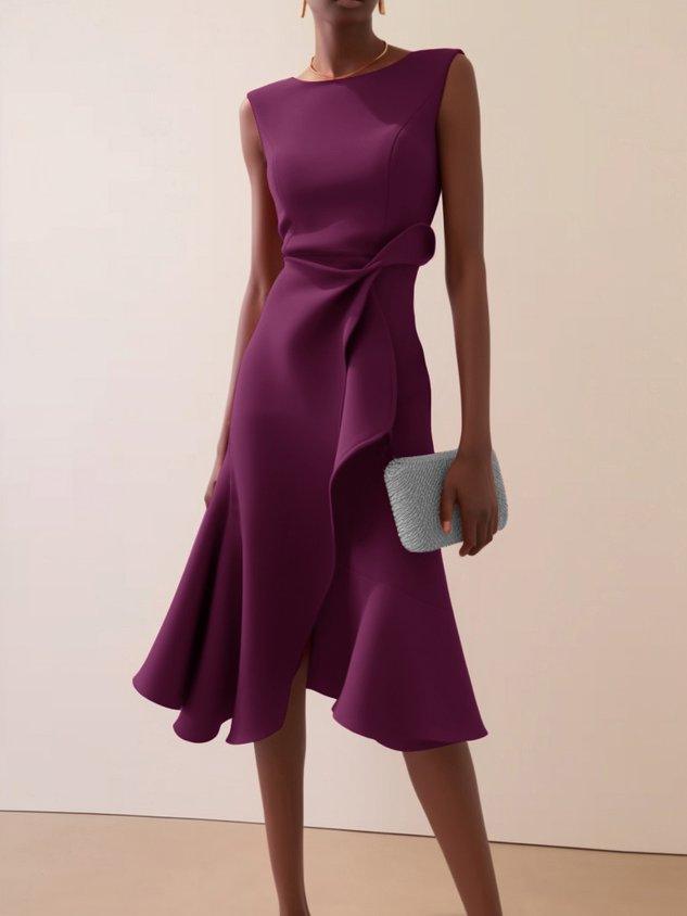Elegant Draped Sheath Midi Dress for Women with Boat Neck Sleeveless Ruffle Hem Cocktail Style