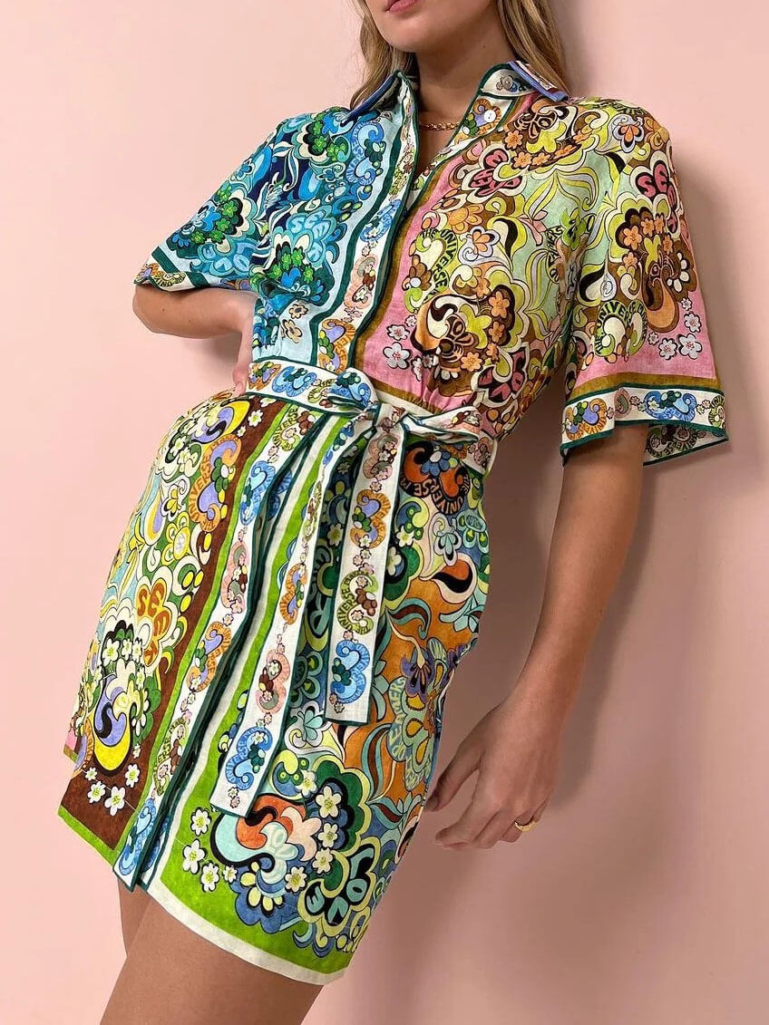 Elegant Multicolor Paisley Print Mini Dress for Women with Collared Short Sleeve Belted Retro Style