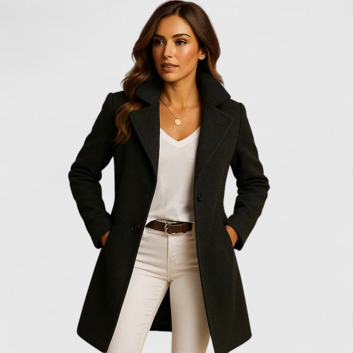 Elegant Wool Coat for Women with Notch Collar Long Sleeve Button Front Tailored Style