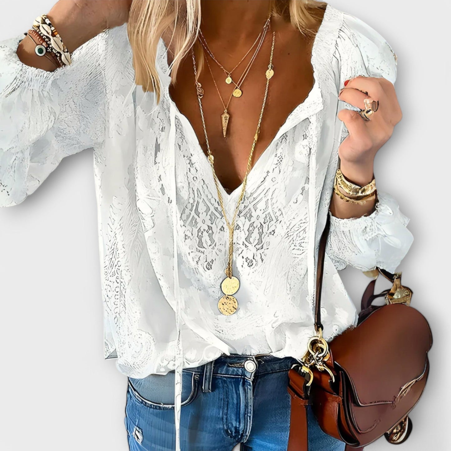 Effortless Lace Blouse for Women with V Neck Long Sleeve Tie Front Boho Style
