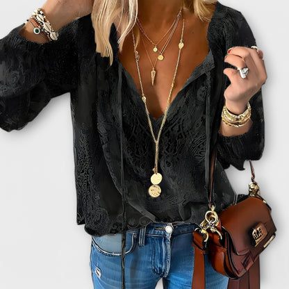Effortless Lace Blouse for Women with V Neck Long Sleeve Tie Front Boho Style