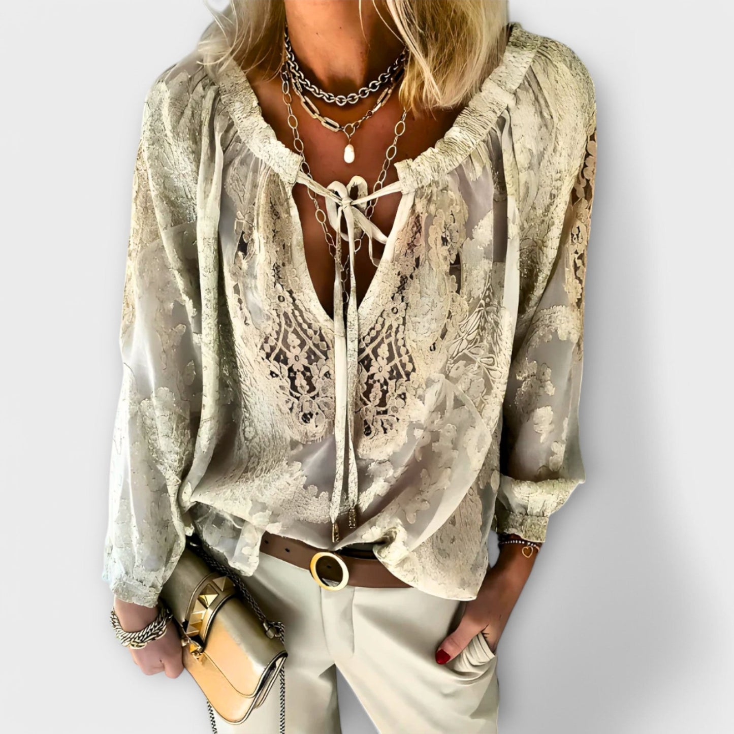 Effortless Lace Blouse for Women with V Neck Long Sleeve Tie Front Boho Style