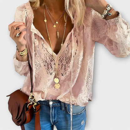 Effortless Lace Blouse for Women with V Neck Long Sleeve Tie Front Boho Style