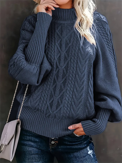 Comfortable Chunky Cable Sweater for Women with Mock Neck Long Sleeve Oversized Relaxed Knit Style