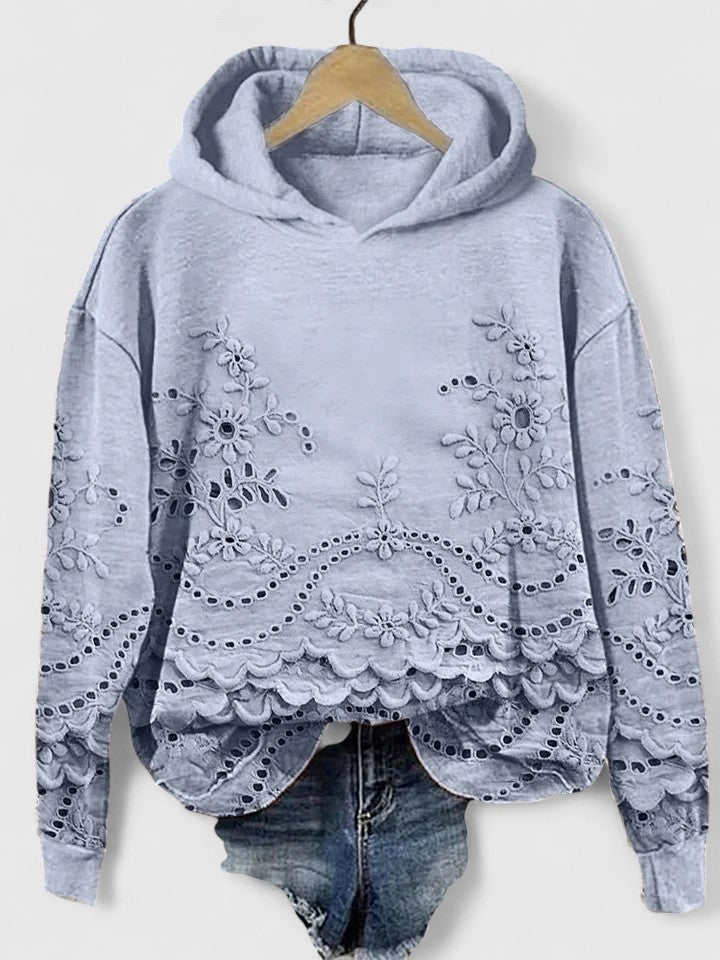 Comfortable Floral Eyelet Cropped Hoodie for Women with Hood Long Sleeve Scalloped High Low Hem Boho Style
