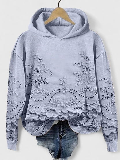 Comfortable Floral Eyelet Cropped Hoodie for Women with Hood Long Sleeve Scalloped High Low Hem Boho Style