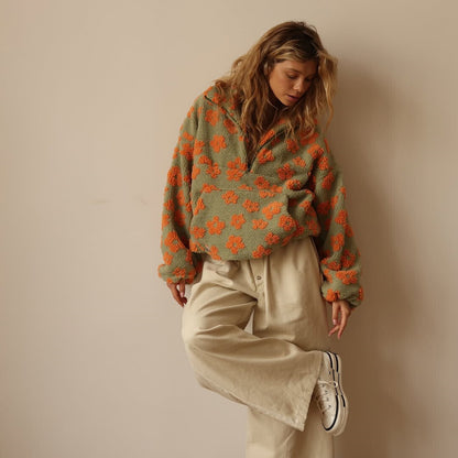 Effortless Floral Sherpa Jacket for Women with Collar Long Sleeve Half Zip Oversized Casual Style