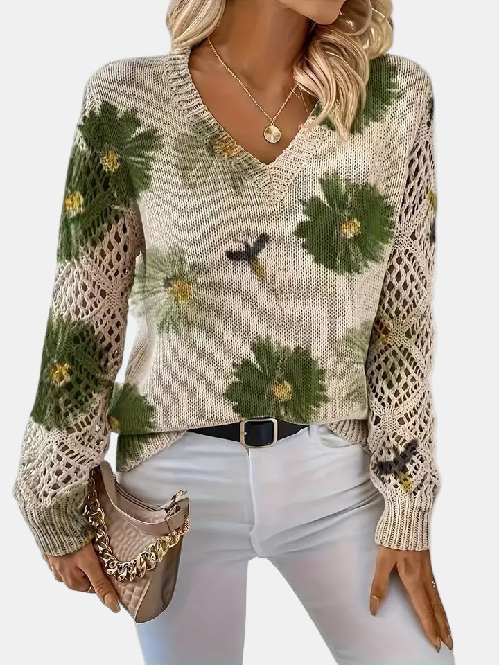 Comfortable Floral Print Sweater for Women with V Neck Long Sleeve Crochet Panel Oversized Knit Style
