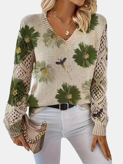 Comfortable Floral Crochet Sweater for Women with V Neck Long Sleeve Relaxed Oversized Knit Style