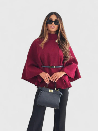 Elegant Textured Poncho for Women with High Neck Bell Sleeve Belted Peplum Style