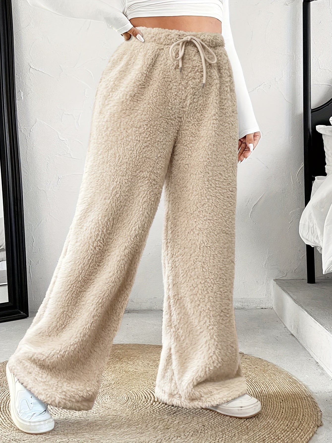 Comfortable Fuzzy Fleece Wide Leg Pants for Women with High Waist Drawstring Relaxed Casual Style