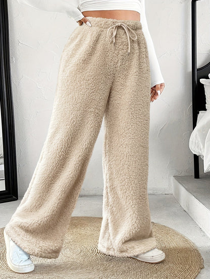 Comfortable Fuzzy Fleece Wide Leg Pants for Women with High Waist Drawstring Relaxed Casual Style