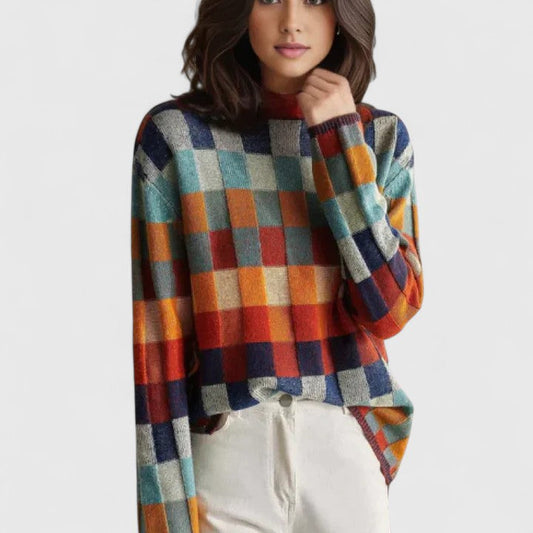 Comfortable Multicolor Checkered Plaid Sweater for Women with Mock Neck Long Sleeve Oversized Knit Style
