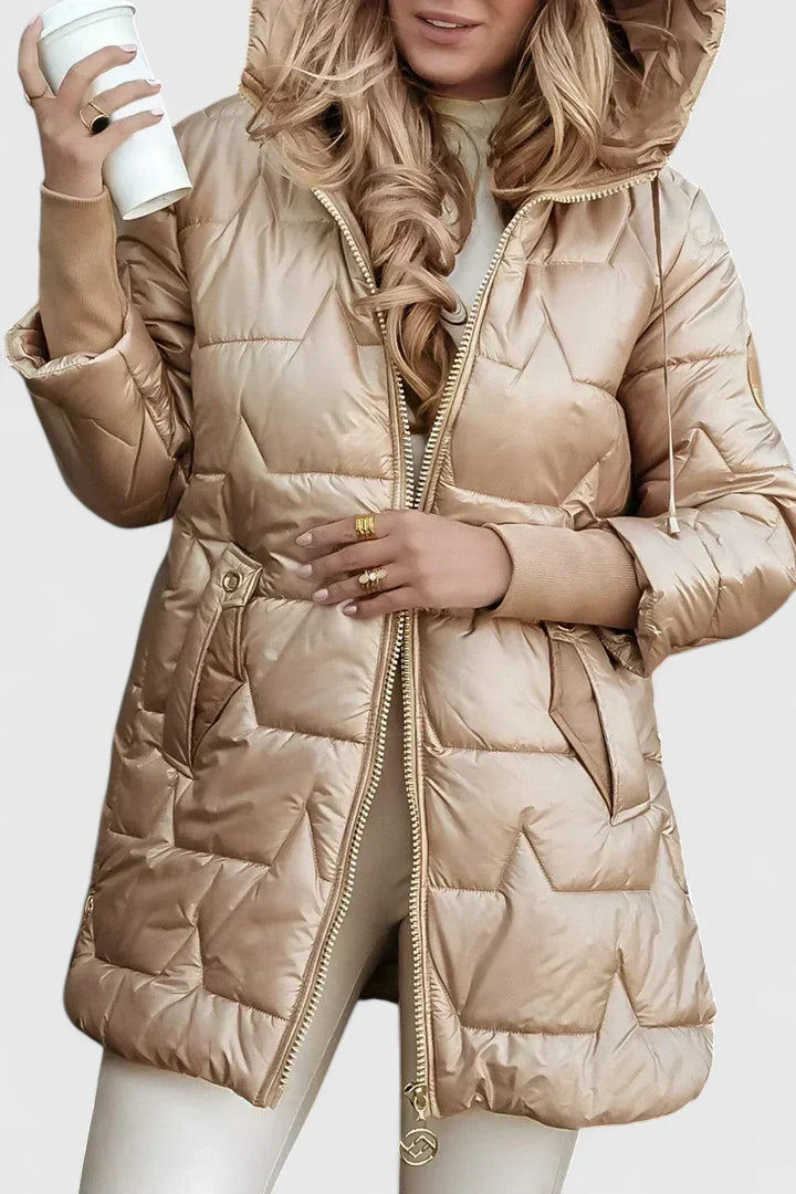 Effortless Quilted Puffer Jacket for Women with Hooded Long Sleeve Zip Front Drawstring Winter Style