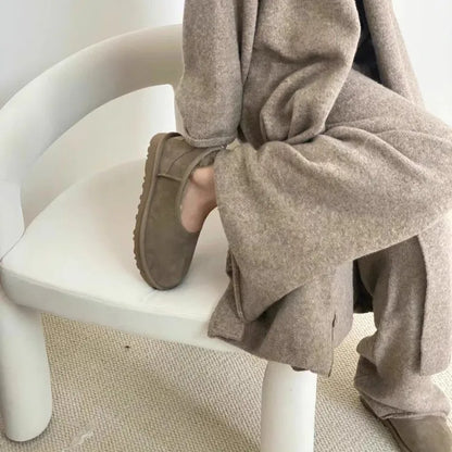 Comfortable Slippers for Women with Faux Shearling Collar Suede Look Low Cut Pull On Style