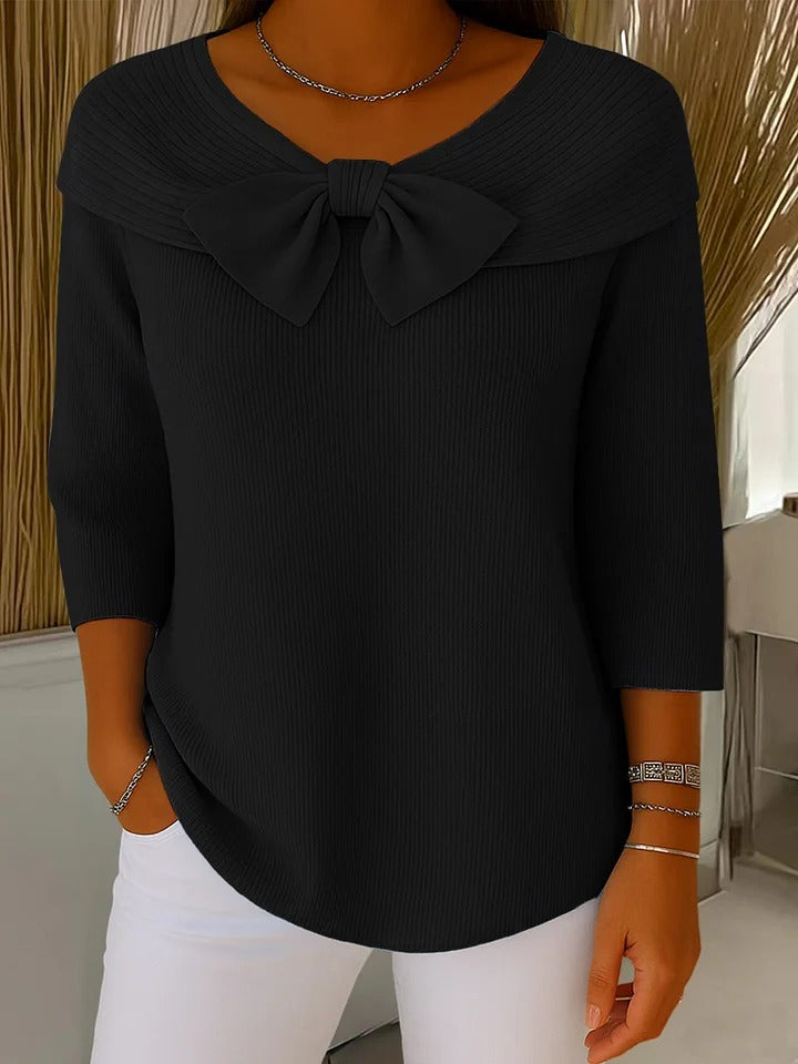 Elegant Bow Detail Sweater for Women with V Neck Elbow Sleeve Ribbed Knit Relaxed Style