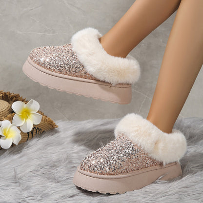 Comfortable Slippers for Women with Sequin Sparkle Upper Faux Fur Lining Platform Slip On Style