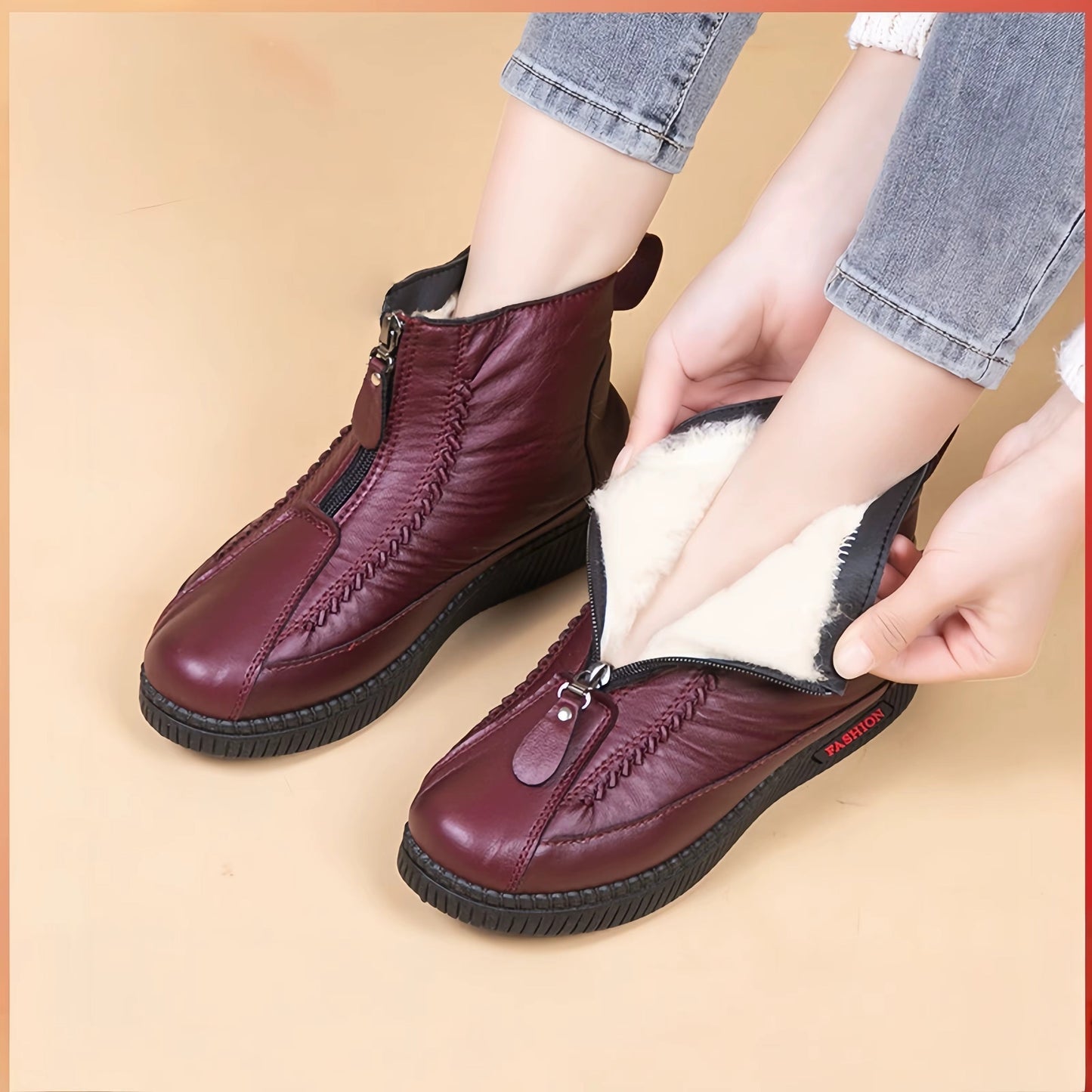 Comfortable Winter Shoes for Women with Fleece Lining Side Zip Ankle Boot Style