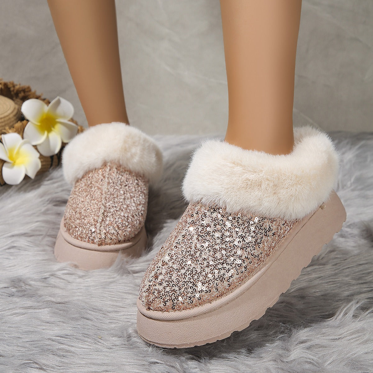 Comfortable Slippers for Women with Sequin Sparkle Upper Faux Fur Lining Platform Slip On Style