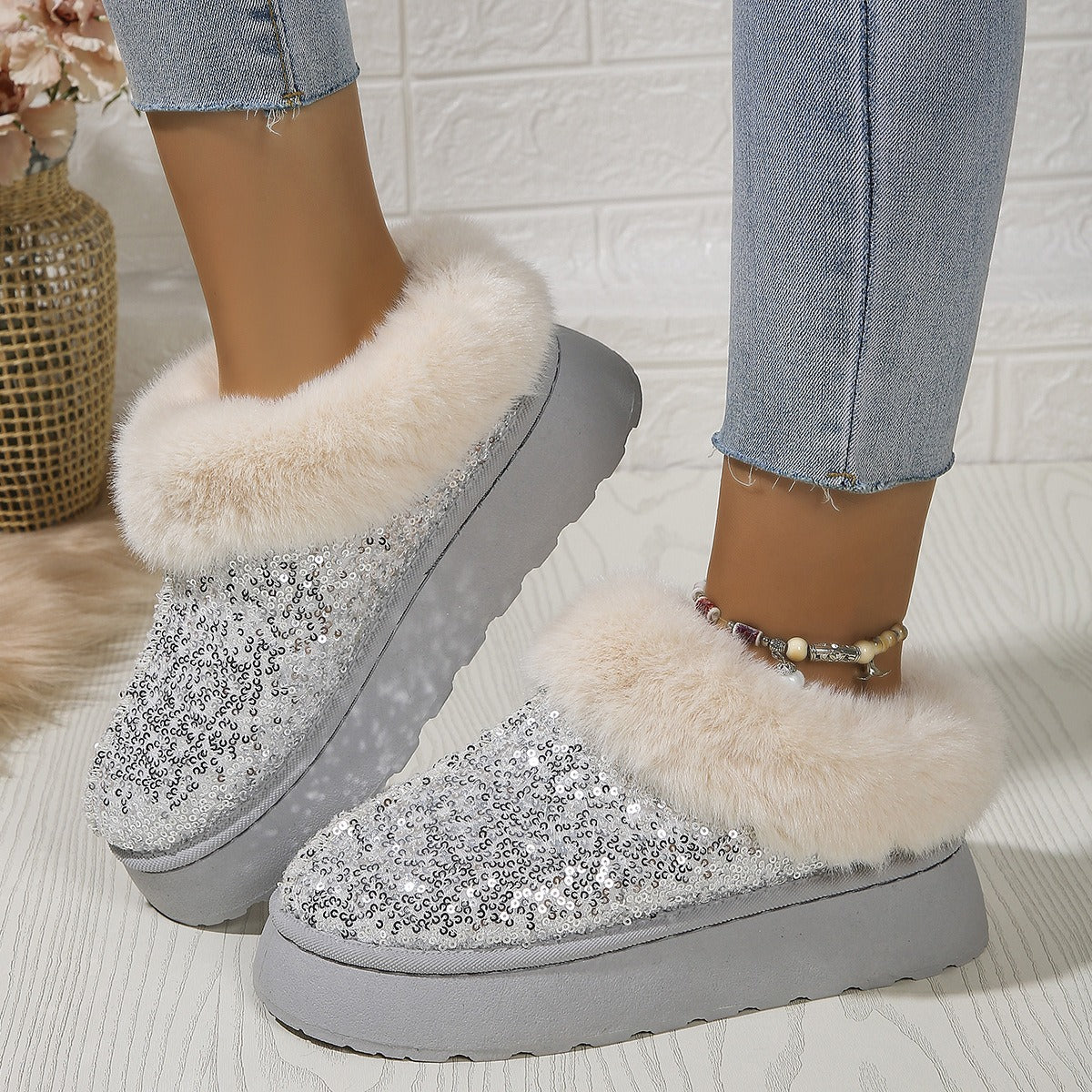 Comfortable Slippers for Women with Sequin Sparkle Upper Faux Fur Lining Platform Slip On Style