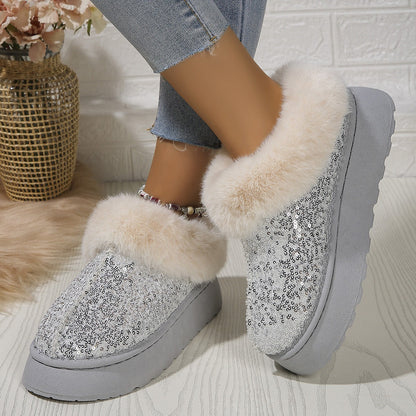 Comfortable Slippers for Women with Sequin Sparkle Upper Faux Fur Lining Platform Slip On Style
