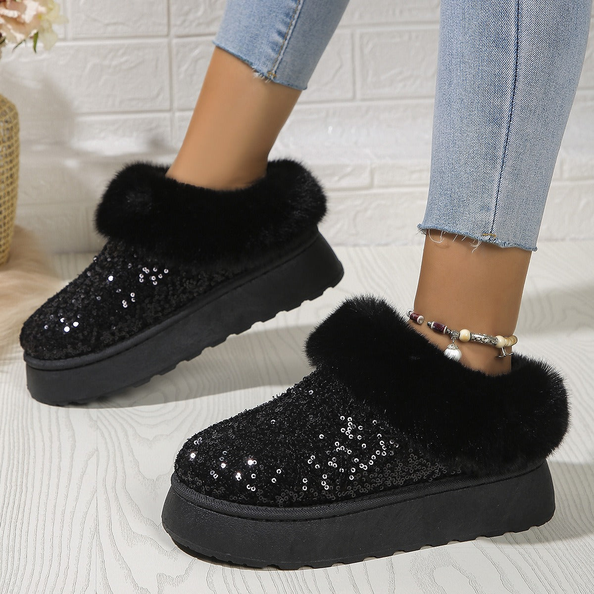 Comfortable Slippers for Women with Sequin Sparkle Upper Faux Fur Lining Platform Slip On Style