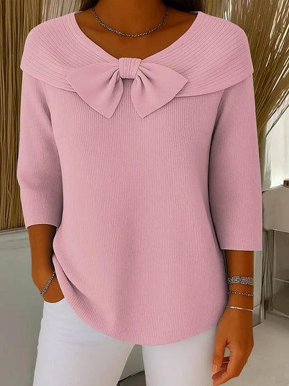 Comfortable Ribbed Knit Sweater for Women with V Neck Bow Tie Elbow Sleeve Relaxed Style